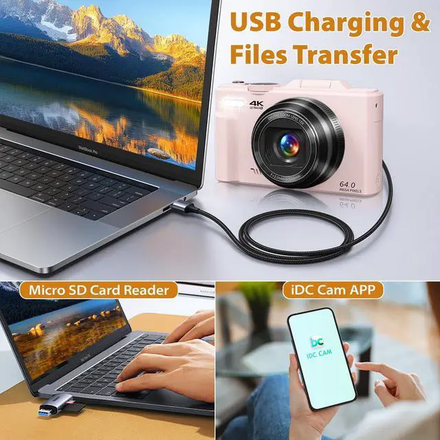 Alt view image 5 of 7 - 4K Digital Camera for Photography, 64MP Compact Vlogging Camera with WiFi and 3" 180° Flip Screen, 18X Digital Zoom, Ideal for YouTube Creators, Includes 2 Batteries & 32GB Micro SD Card, Pink