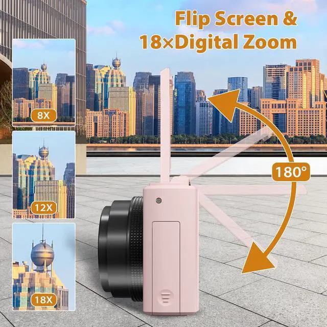 Alt view image 3 of 7 - 4K Digital Camera for Photography, 64MP Compact Vlogging Camera with WiFi and 3" 180° Flip Screen, 18X Digital Zoom, Ideal for YouTube Creators, Includes 2 Batteries & 32GB Micro SD Card, Pink