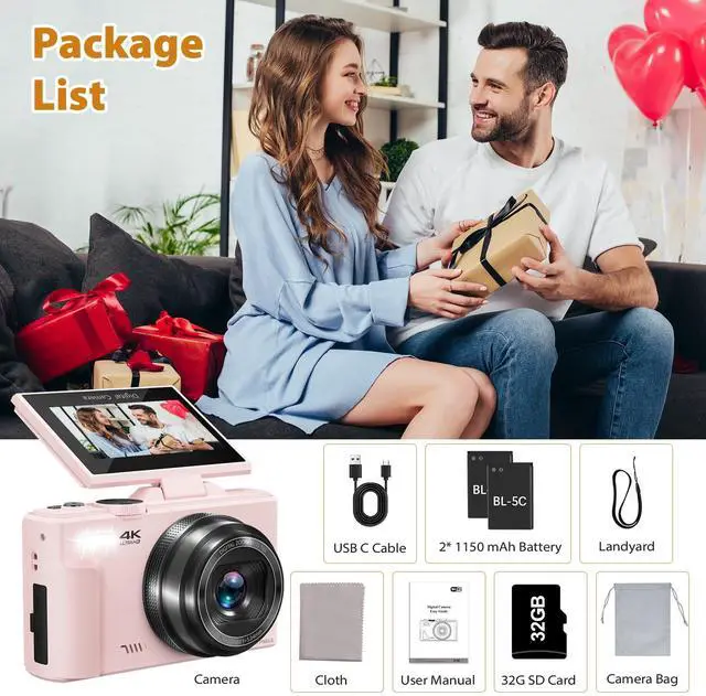 Alt view image 7 of 7 - 4K Digital Camera for Photography, 64MP Compact Vlogging Camera with WiFi and 3" 180° Flip Screen, 18X Digital Zoom, Ideal for YouTube Creators, Includes 2 Batteries & 32GB Micro SD Card, Pink