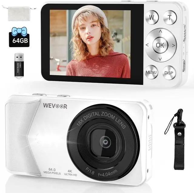 Main image of 4K Digital Camera, 64MP Point and Shoot Digital Camera with Autofocus, 18X Zoom, 20 Filters, 64GB SD Card, 2000 mAh Battery, 2.8" Screen Compact Vlogging Camera for Beginners Teens Adult(White)