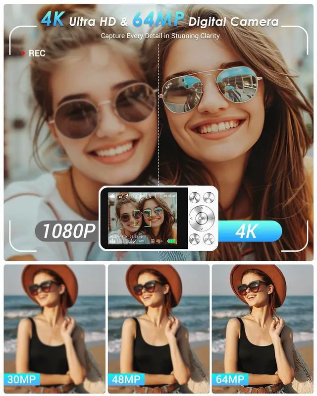 Alt view image 2 of 7 - 4K Digital Camera, 64MP Point and Shoot Digital Camera with Autofocus, 18X Zoom, 20 Filters, 64GB SD Card, 2000 mAh Battery, 2.8" Screen Compact Vlogging Camera for Beginners Teens Adult(White)