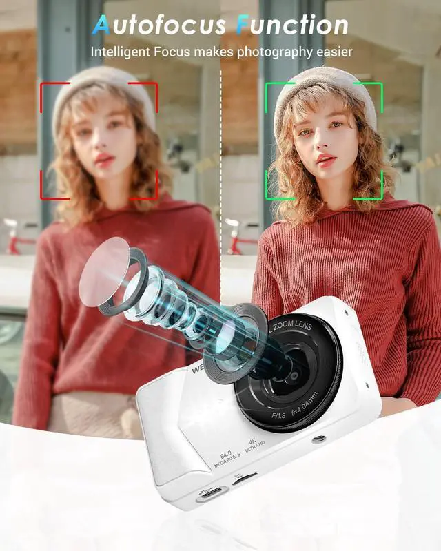 Alt view image 3 of 7 - 4K Digital Camera, 64MP Point and Shoot Digital Camera with Autofocus, 18X Zoom, 20 Filters, 64GB SD Card, 2000 mAh Battery, 2.8" Screen Compact Vlogging Camera for Beginners Teens Adult(White)