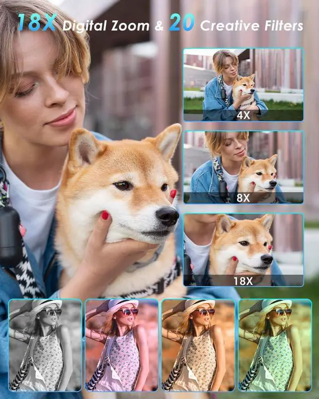 Alt view image 4 of 7 - 4K Digital Camera, 64MP Point and Shoot Digital Camera with Autofocus, 18X Zoom, 20 Filters, 64GB SD Card, 2000 mAh Battery, 2.8" Screen Compact Vlogging Camera for Beginners Teens Adult(White)