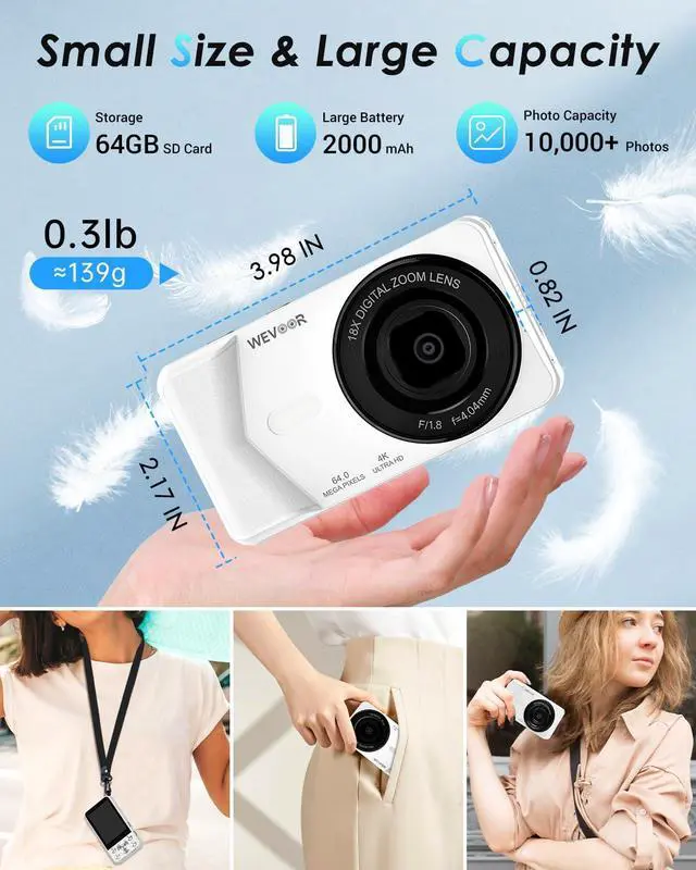 Alt view image 5 of 7 - 4K Digital Camera, 64MP Point and Shoot Digital Camera with Autofocus, 18X Zoom, 20 Filters, 64GB SD Card, 2000 mAh Battery, 2.8" Screen Compact Vlogging Camera for Beginners Teens Adult(White)