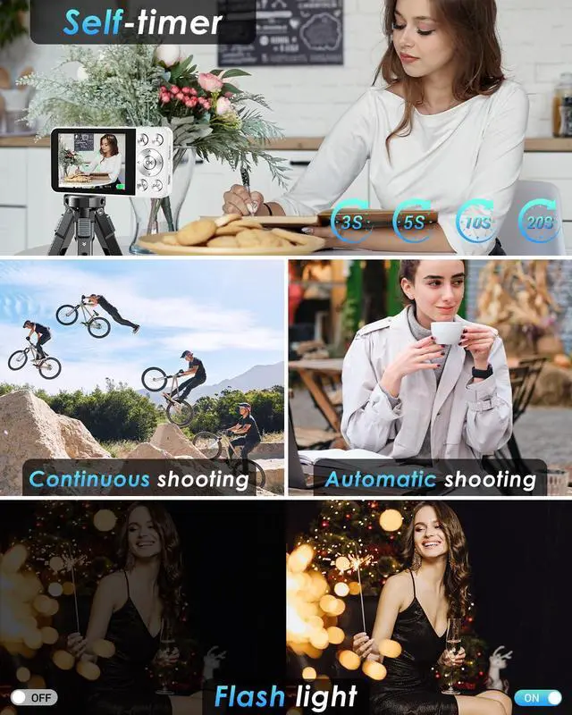 Alt view image 6 of 7 - 4K Digital Camera, 64MP Point and Shoot Digital Camera with Autofocus, 18X Zoom, 20 Filters, 64GB SD Card, 2000 mAh Battery, 2.8" Screen Compact Vlogging Camera for Beginners Teens Adult(White)