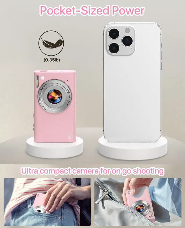 Alt view image 4 of 5 - Digital Camera, 4K Vlogging Camera for YouTube Autofocus Cameras for Photography with 16X Digital Zoom, 48MP Compact Point and Shoot Digital Camera for Teens Adult with 32GB SD Card, 2 Batteries-Pink