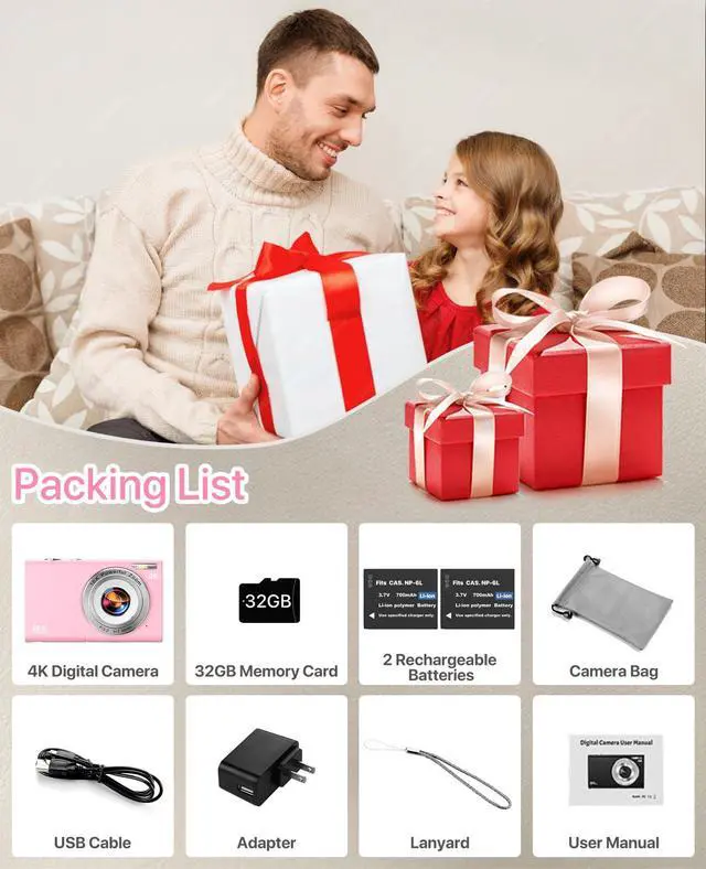 Alt view image 5 of 5 - Digital Camera, 4K Vlogging Camera for YouTube Autofocus Cameras for Photography with 16X Digital Zoom, 48MP Compact Point and Shoot Digital Camera for Teens Adult with 32GB SD Card, 2 Batteries-Pink