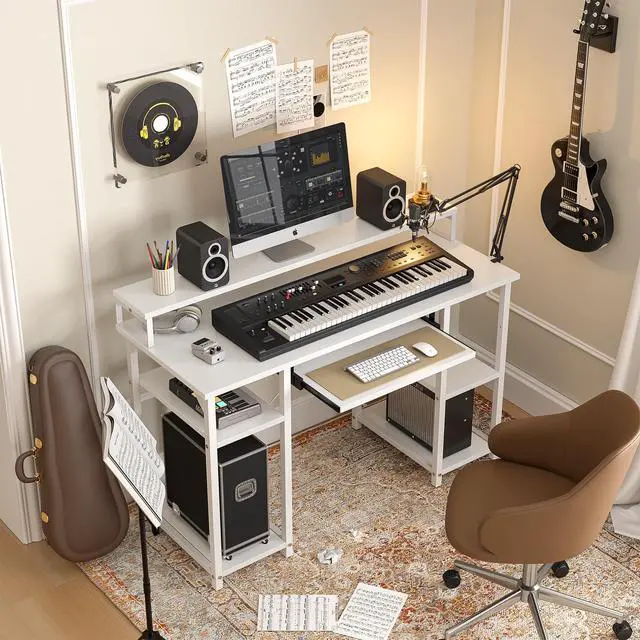 Alt view image 2 of 7 - Computer Desk with Keyboard Tray, 47 Inch Office Desk with Monitor Stand and Storage Shelves, Music Studio Desk, Work Table Gaming Desk, White