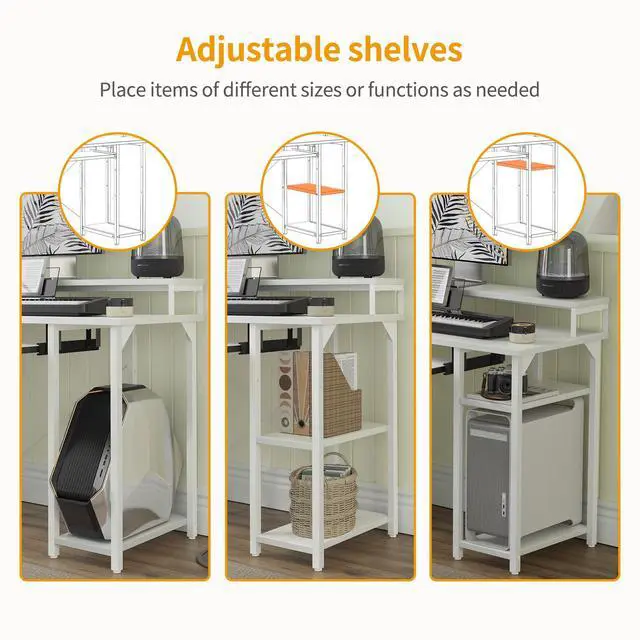 Alt view image 5 of 7 - Computer Desk with Keyboard Tray, 47 Inch Office Desk with Monitor Stand and Storage Shelves, Music Studio Desk, Work Table Gaming Desk, White