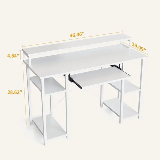 Alt view image 3 of 7 - Computer Desk with Keyboard Tray, 47 Inch Office Desk with Monitor Stand and Storage Shelves, Music Studio Desk, Work Table Gaming Desk, White