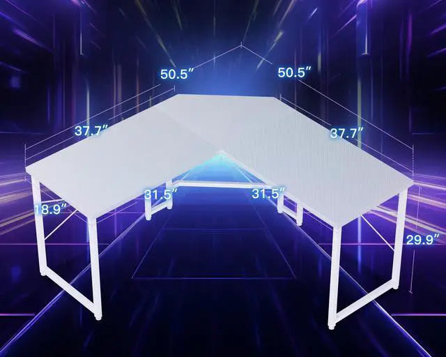 Alt view image 3 of 7 - L Shaped Gaming Desk, Corner Desk Gaming Table for Home Office, Computer Desk Sturdy Writing Workstation for Small Space, Easy to Assemble, 51 inch, Carbon Fiber Surface, White