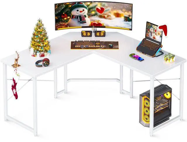 Main image of L Shaped Gaming Desk, Corner Desk Gaming Table for Home Office, Computer Desk Sturdy Writing Workstation for Small Space, Easy to Assemble, 51 inch, Carbon Fiber Surface, White