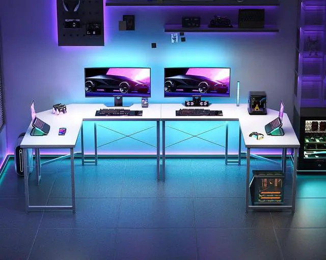 Alt view image 5 of 7 - L Shaped Gaming Desk, Corner Desk Gaming Table for Home Office, Computer Desk Sturdy Writing Workstation for Small Space, Easy to Assemble, 51 inch, Carbon Fiber Surface, White