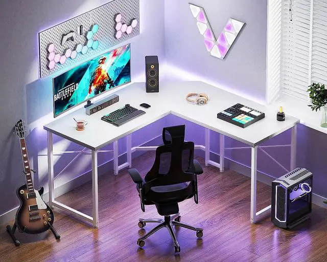 Alt view image 7 of 7 - L Shaped Gaming Desk, Corner Desk Gaming Table for Home Office, Computer Desk Sturdy Writing Workstation for Small Space, Easy to Assemble, 51 inch, Carbon Fiber Surface, White