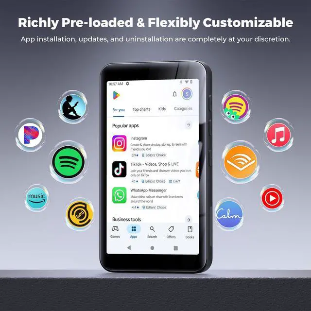 Alt view image 2 of 7 - 160GB MP3 Player with Bluetooth and WiFi, MP3 Player with Spotify, Spotify Kids, Pandora, Play Store, Parental Manager App, Calm, 4" HD Full Touch Screen MP4 Music Player for Kids (Black)