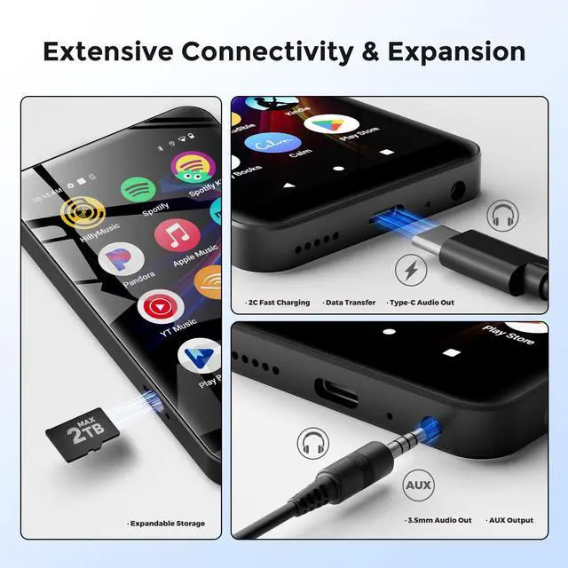 Alt view image 6 of 7 - 160GB MP3 Player with Bluetooth and WiFi, MP3 Player with Spotify, Spotify Kids, Pandora, Play Store, Parental Manager App, Calm, 4" HD Full Touch Screen MP4 Music Player for Kids (Black)