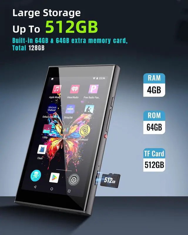 Alt view image 3 of 7 - 128GB MP3 Player with Bluetooth and WiFi, 5" Touch Screen Android 14 Music Player with Play Store, Spotify, Pandora, Amazon Music, MP3 & MP4 for Kids with Libby, Audible, Up to 512GB