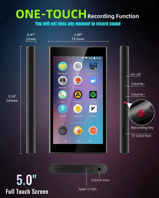 Alt view image 6 of 7 - 128GB MP3 Player with Bluetooth and WiFi, 5" Touch Screen Android 14 Music Player with Play Store, Spotify, Pandora, Amazon Music, MP3 & MP4 for Kids with Libby, Audible, Up to 512GB