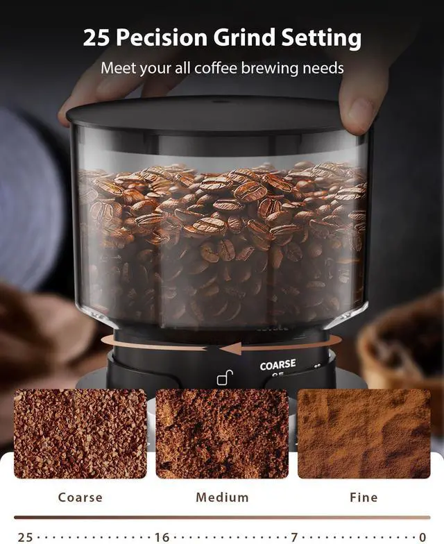Alt view image 2 of 7 - Burr Coffee Grinder with 25 Grind Setting, Adjustable 2-12 Cups Timer, Professional Conical Coffee Bean Grinders for Home Use, 3-Ears Portafilter Holder, Anti-static, Cleaning Brush, Black