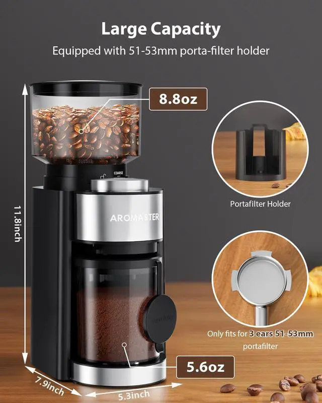 Alt view image 3 of 7 - Burr Coffee Grinder with 25 Grind Setting, Adjustable 2-12 Cups Timer, Professional Conical Coffee Bean Grinders for Home Use, 3-Ears Portafilter Holder, Anti-static, Cleaning Brush, Black