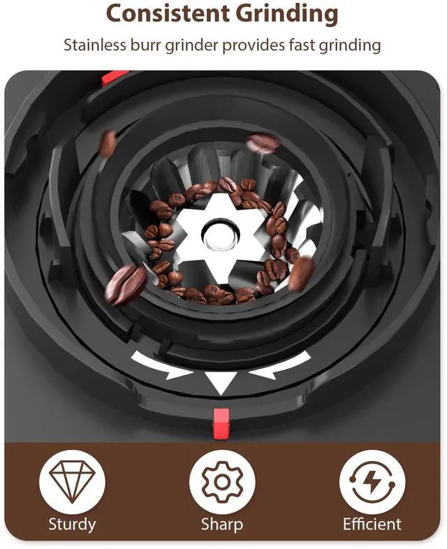 Alt view image 4 of 7 - Burr Coffee Grinder with 25 Grind Setting, Adjustable 2-12 Cups Timer, Professional Conical Coffee Bean Grinders for Home Use, 3-Ears Portafilter Holder, Anti-static, Cleaning Brush, Black