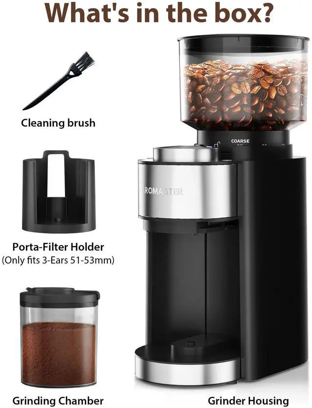 Alt view image 7 of 7 - Burr Coffee Grinder with 25 Grind Setting, Adjustable 2-12 Cups Timer, Professional Conical Coffee Bean Grinders for Home Use, 3-Ears Portafilter Holder, Anti-static, Cleaning Brush, Black
