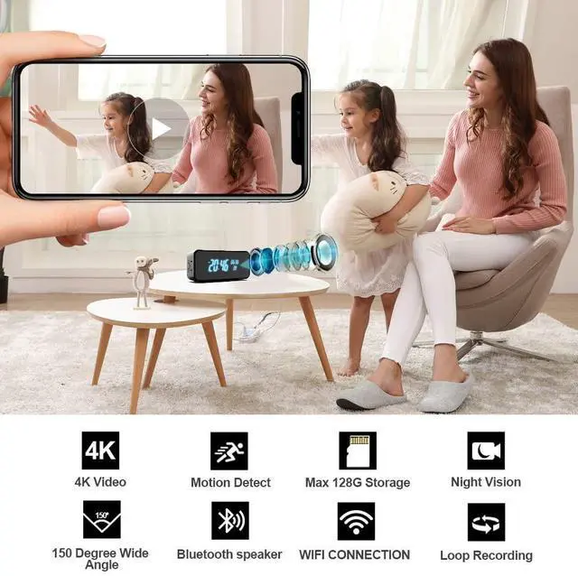 Alt view image 2 of 7 - Hidden Camera,Wireless Indoor Camera for Home Security, 3 in 1 Nanny Cam with Clock & Bluetooth Speaker, 4K HD Night Vision & Motion Detection,Local SD Recording/Replay, Video Only Security Camera