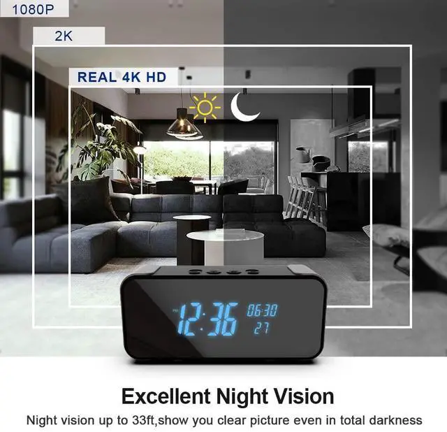 Alt view image 3 of 7 - Hidden Camera,Wireless Indoor Camera for Home Security, 3 in 1 Nanny Cam with Clock & Bluetooth Speaker, 4K HD Night Vision & Motion Detection,Local SD Recording/Replay, Video Only Security Camera
