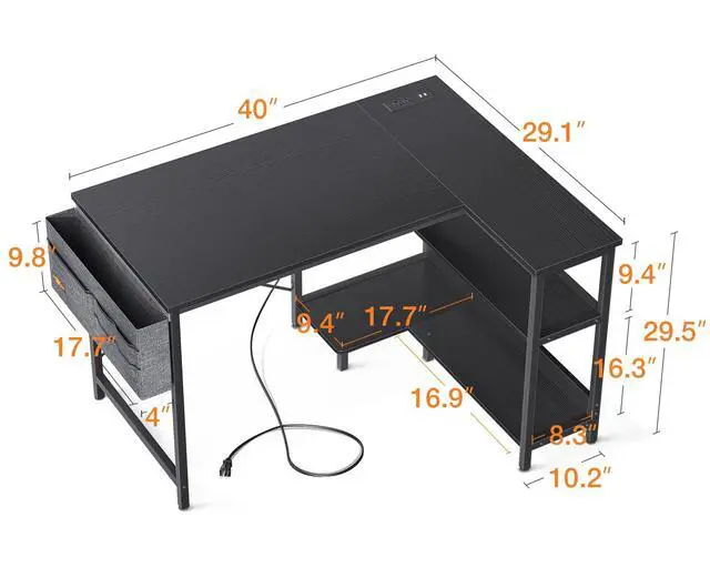 Alt view image 4 of 4 - 40 Inch Small L Shaped Gaming Computer Desk with Power Outlets, Reversible Storage Shelves & PC Stand for Home Office, Simple Writing Study Table with Storage Bag for Small Space, Black