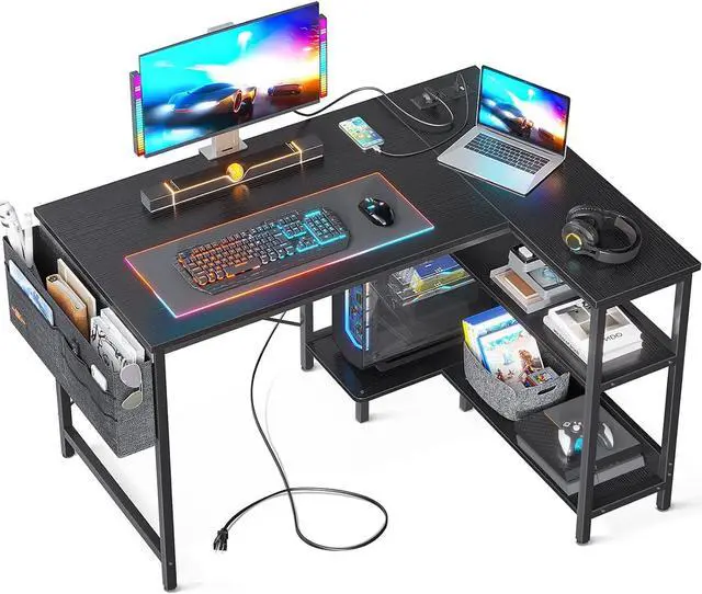 Main image of 40 Inch Small L Shaped Gaming Computer Desk with Power Outlets, Reversible Storage Shelves & PC Stand for Home Office, Simple Writing Study Table with Storage Bag for Small Space, Black
