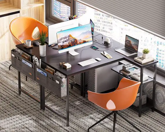 Alt view image 3 of 4 - 40 Inch Small L Shaped Gaming Computer Desk with Power Outlets, Reversible Storage Shelves & PC Stand for Home Office, Simple Writing Study Table with Storage Bag for Small Space, Black