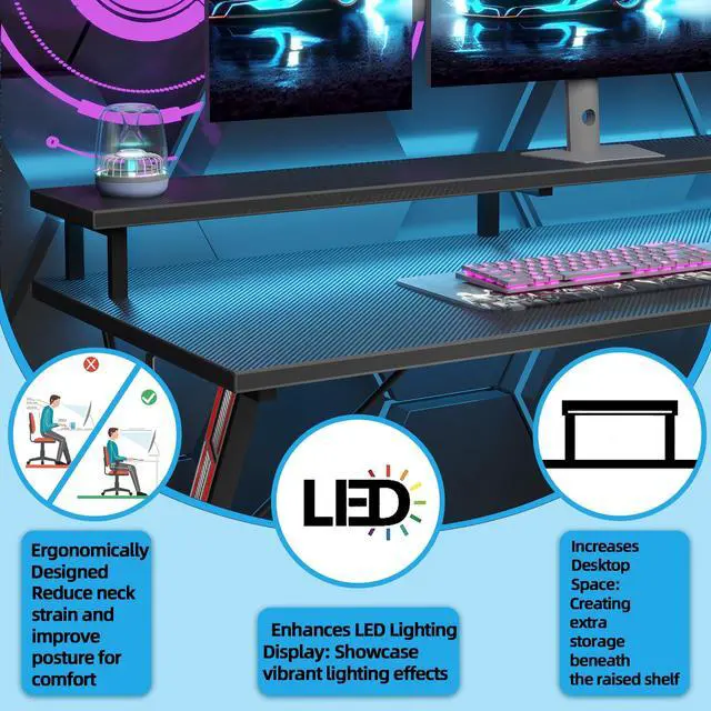 Alt view image 5 of 7 - Gaming Desk with Power Outlets & LED 40 Inch Ergonomic Computer Carbon Fiber Surface Gamer Desk, Large Monitor Stand, Headphone Hook, PC Workstation for Bedroom, Black