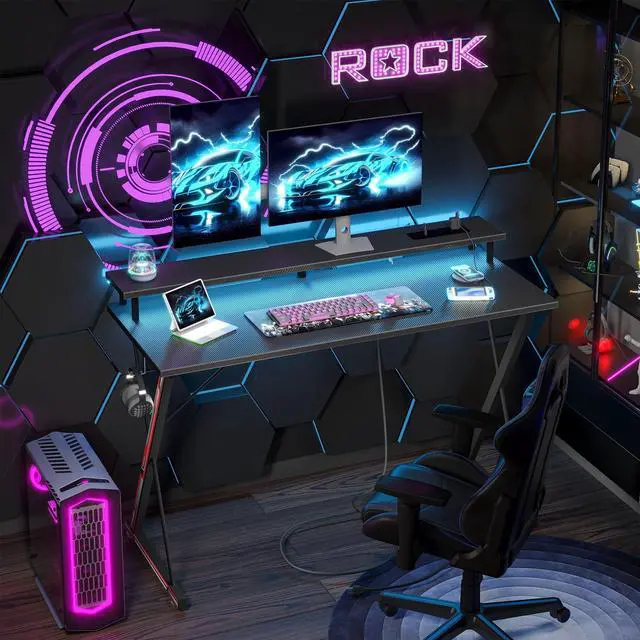 Alt view image 4 of 7 - Gaming Desk with Power Outlets & LED 40 Inch Ergonomic Computer Carbon Fiber Surface Gamer Desk, Large Monitor Stand, Headphone Hook, PC Workstation for Bedroom, Black