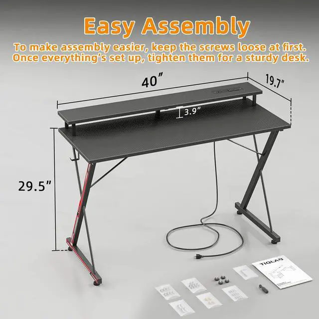 Alt view image 3 of 7 - Gaming Desk with Power Outlets & LED 40 Inch Ergonomic Computer Carbon Fiber Surface Gamer Desk, Large Monitor Stand, Headphone Hook, PC Workstation for Bedroom, Black