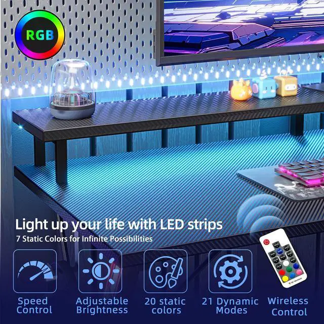 Alt view image 7 of 7 - Gaming Desk with Power Outlets & LED 40 Inch Ergonomic Computer Carbon Fiber Surface Gamer Desk, Large Monitor Stand, Headphone Hook, PC Workstation for Bedroom, Black