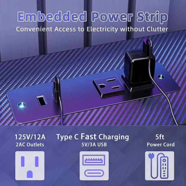 Alt view image 6 of 7 - Gaming Desk with Power Outlets & LED 40 Inch Ergonomic Computer Carbon Fiber Surface Gamer Desk, Large Monitor Stand, Headphone Hook, PC Workstation for Bedroom, Black