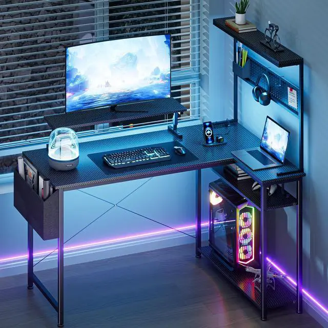 Main image of 42 Inch Gaming Desk, L-Shaped Computer Desk with LED Lights, Monitor Stand, Power Outlets and Storage Drawer, Small Gaming Desk with Shelves and Hook, Computer Table, PC Desk, Office Desk