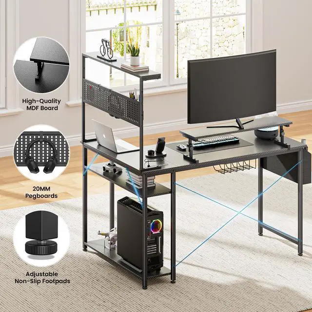 Alt view image 4 of 7 - 42 Inch Gaming Desk, L-Shaped Computer Desk with LED Lights, Monitor Stand, Power Outlets and Storage Drawer, Small Gaming Desk with Shelves and Hook, Computer Table, PC Desk, Office Desk