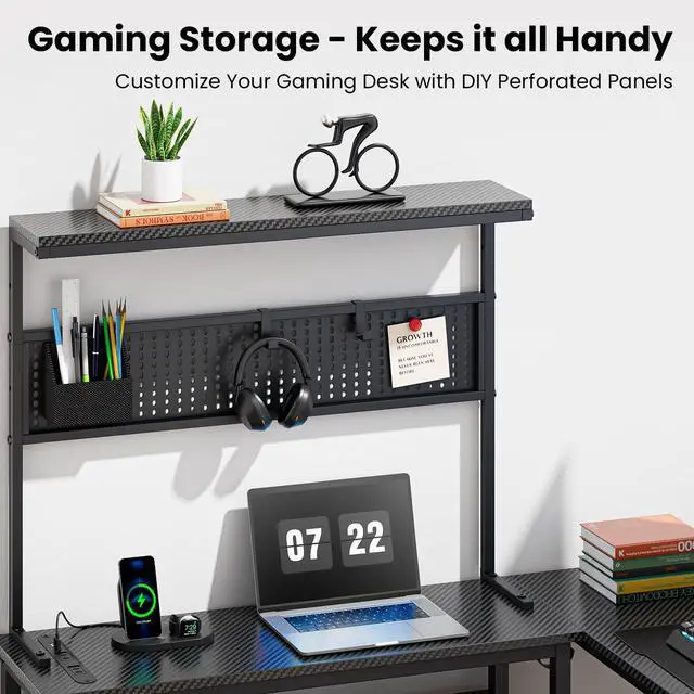 Alt view image 3 of 7 - 42 Inch Gaming Desk, L-Shaped Computer Desk with LED Lights, Monitor Stand, Power Outlets and Storage Drawer, Small Gaming Desk with Shelves and Hook, Computer Table, PC Desk, Office Desk