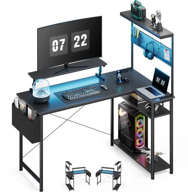 Alt view image 7 of 7 - 42 Inch Gaming Desk, L-Shaped Computer Desk with LED Lights, Monitor Stand, Power Outlets and Storage Drawer, Small Gaming Desk with Shelves and Hook, Computer Table, PC Desk, Office Desk