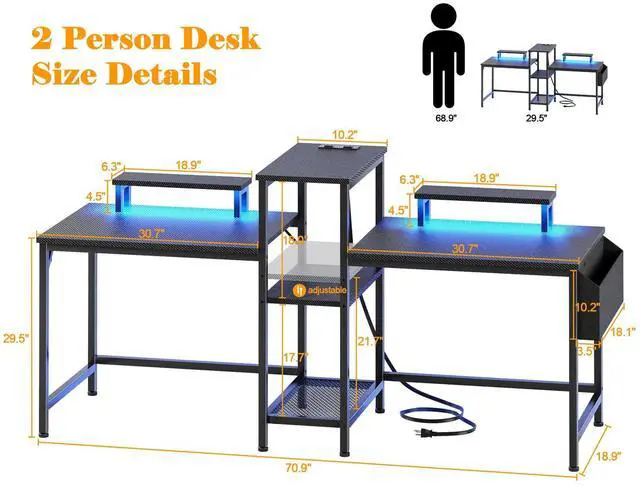Alt view image 3 of 7 - 2 Person Gaming Desk with LED Lights, 71 Inch Computer Desk with Power Outlets and Monitor Stand, Double Desk with Storage Bag and Headphone Hooks, Study Writing Table for Home Office, Black