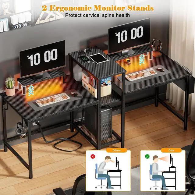 Alt view image 2 of 7 - 2 Person Gaming Desk with LED Lights, 71 Inch Computer Desk with Power Outlets and Monitor Stand, Double Desk with Storage Bag and Headphone Hooks, Study Writing Table for Home Office, Black