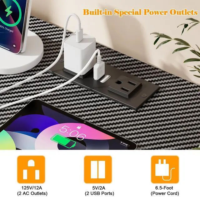 Alt view image 4 of 7 - 2 Person Gaming Desk with LED Lights, 71 Inch Computer Desk with Power Outlets and Monitor Stand, Double Desk with Storage Bag and Headphone Hooks, Study Writing Table for Home Office, Black