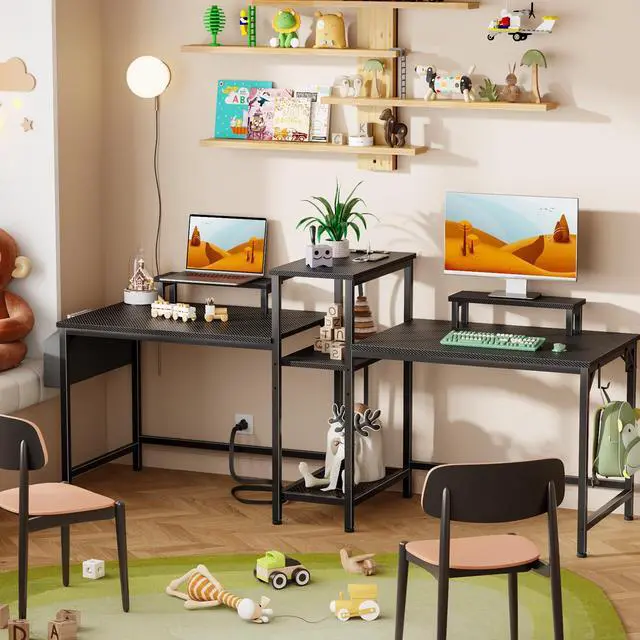 Alt view image 5 of 7 - 2 Person Gaming Desk with LED Lights, 71 Inch Computer Desk with Power Outlets and Monitor Stand, Double Desk with Storage Bag and Headphone Hooks, Study Writing Table for Home Office, Black