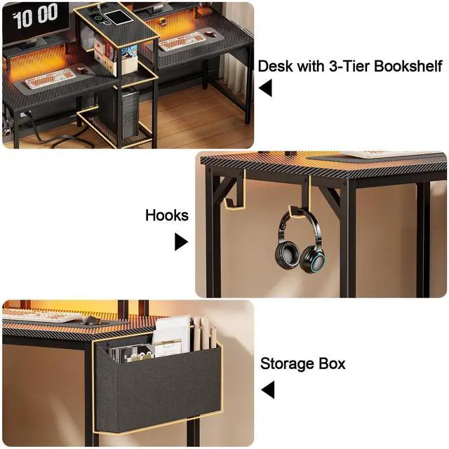 Alt view image 6 of 7 - 2 Person Gaming Desk with LED Lights, 71 Inch Computer Desk with Power Outlets and Monitor Stand, Double Desk with Storage Bag and Headphone Hooks, Study Writing Table for Home Office, Black