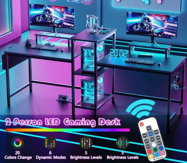 Alt view image 7 of 7 - 2 Person Gaming Desk with LED Lights, 71 Inch Computer Desk with Power Outlets and Monitor Stand, Double Desk with Storage Bag and Headphone Hooks, Study Writing Table for Home Office, Black