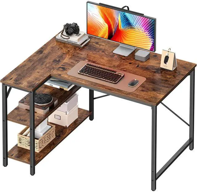 Main image of L Shaped Desk, 39 Inches Computer Desk with Reversible Storage Shelves, Gaming Desk, Corner Home Office Desks, Writing Study Desk with Metal Frame, Rustic Brown