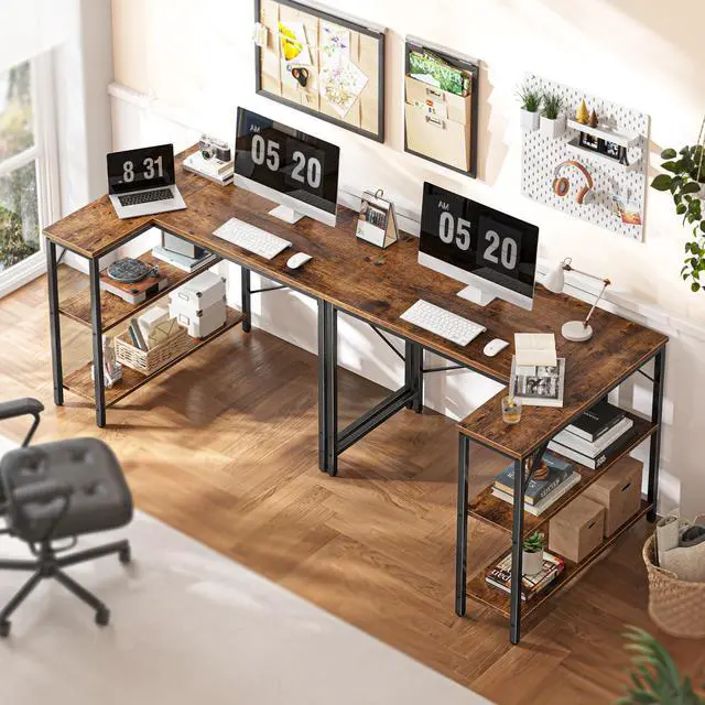 Alt view image 3 of 7 - L Shaped Desk, 39 Inches Computer Desk with Reversible Storage Shelves, Gaming Desk, Corner Home Office Desks, Writing Study Desk with Metal Frame, Rustic Brown