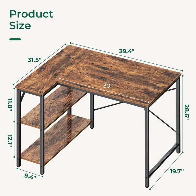 Alt view image 5 of 7 - L Shaped Desk, 39 Inches Computer Desk with Reversible Storage Shelves, Gaming Desk, Corner Home Office Desks, Writing Study Desk with Metal Frame, Rustic Brown