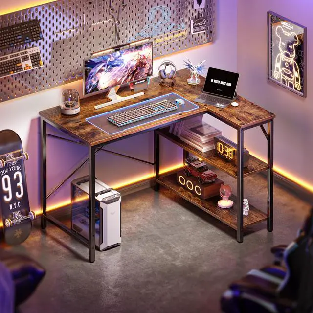 Alt view image 4 of 7 - L Shaped Desk, 39 Inches Computer Desk with Reversible Storage Shelves, Gaming Desk, Corner Home Office Desks, Writing Study Desk with Metal Frame, Rustic Brown